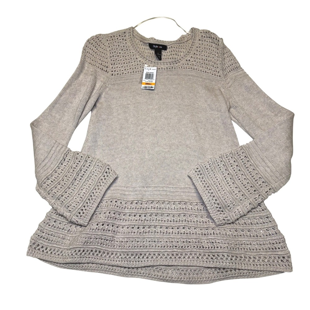 NWT Style & Co Womens Crochet Trim Cotton Knit Sweater Natural Oatmeal Small